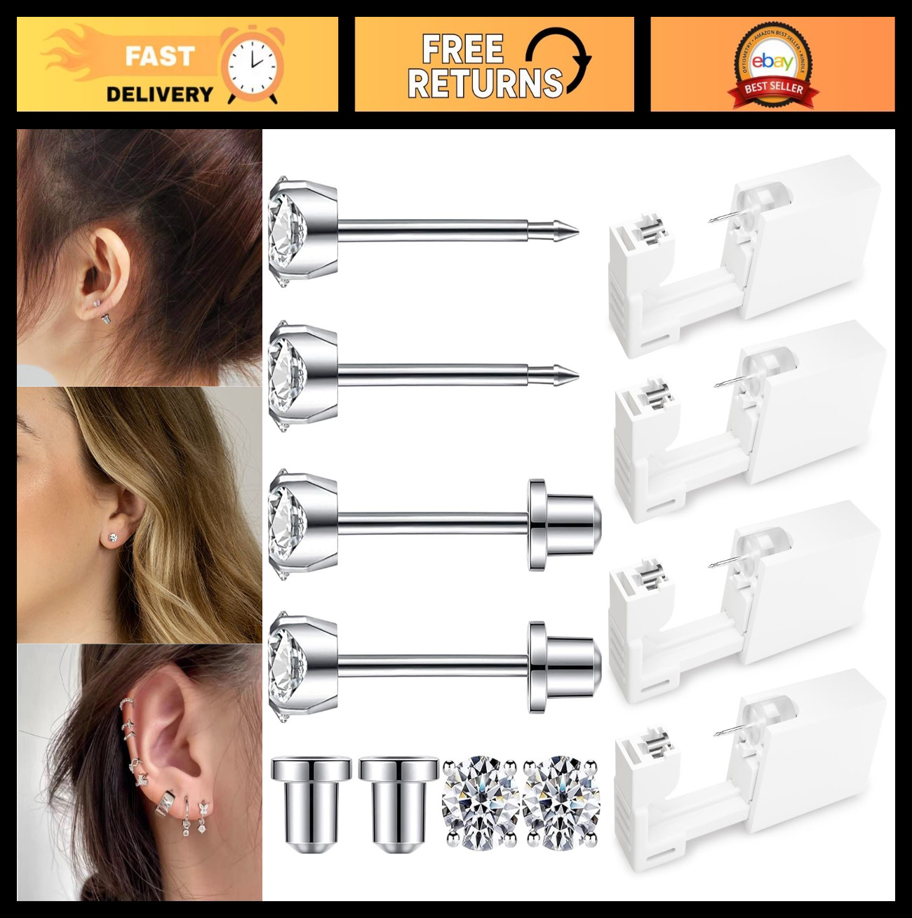 Disposable Ear Piercing Kit – 316L Surgical Steel Gun with 4mm CZ Earrings – At
