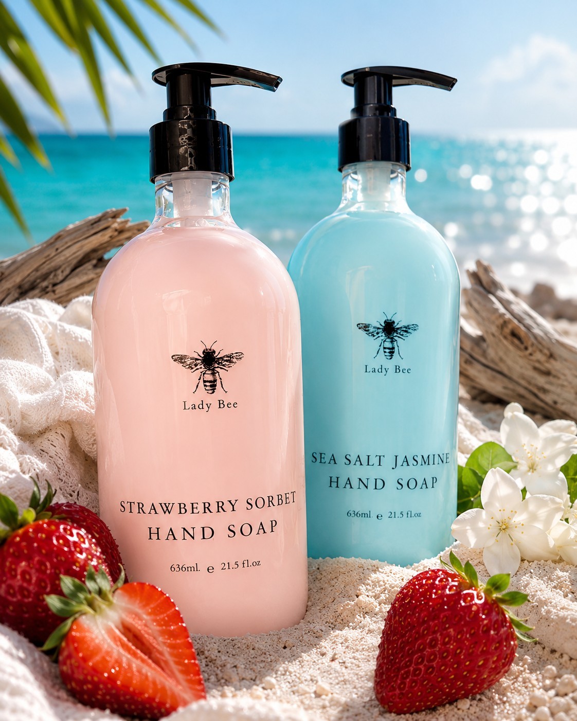 Lady Bee Luxury Hand Soap Duo Sea Salt Jasmine & Strawberry Sorbet 21.5 oz