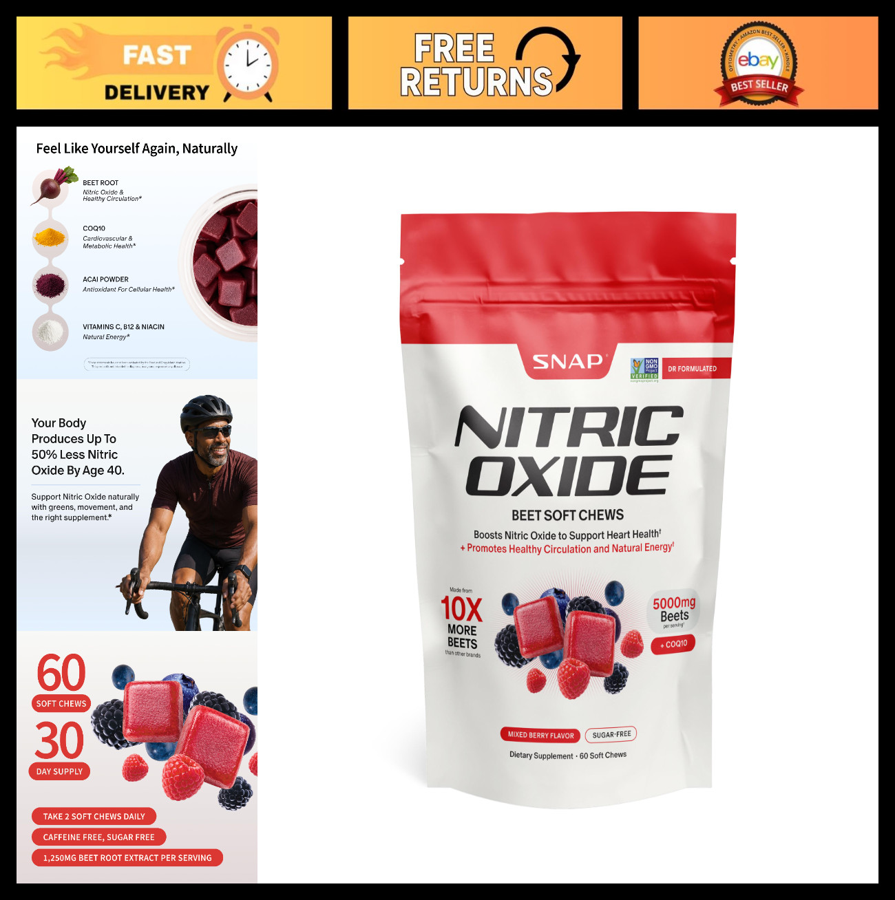 Nitric Oxide Beet Root Chews – 60 Soft Chews, Mixed Berry, 1,250mg, CoQ10 & Acai