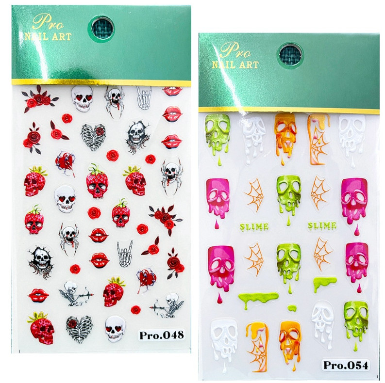 5D Embossed Nail Art Stickers Transfers Self Adhesive Halloween Skull Scary NS52