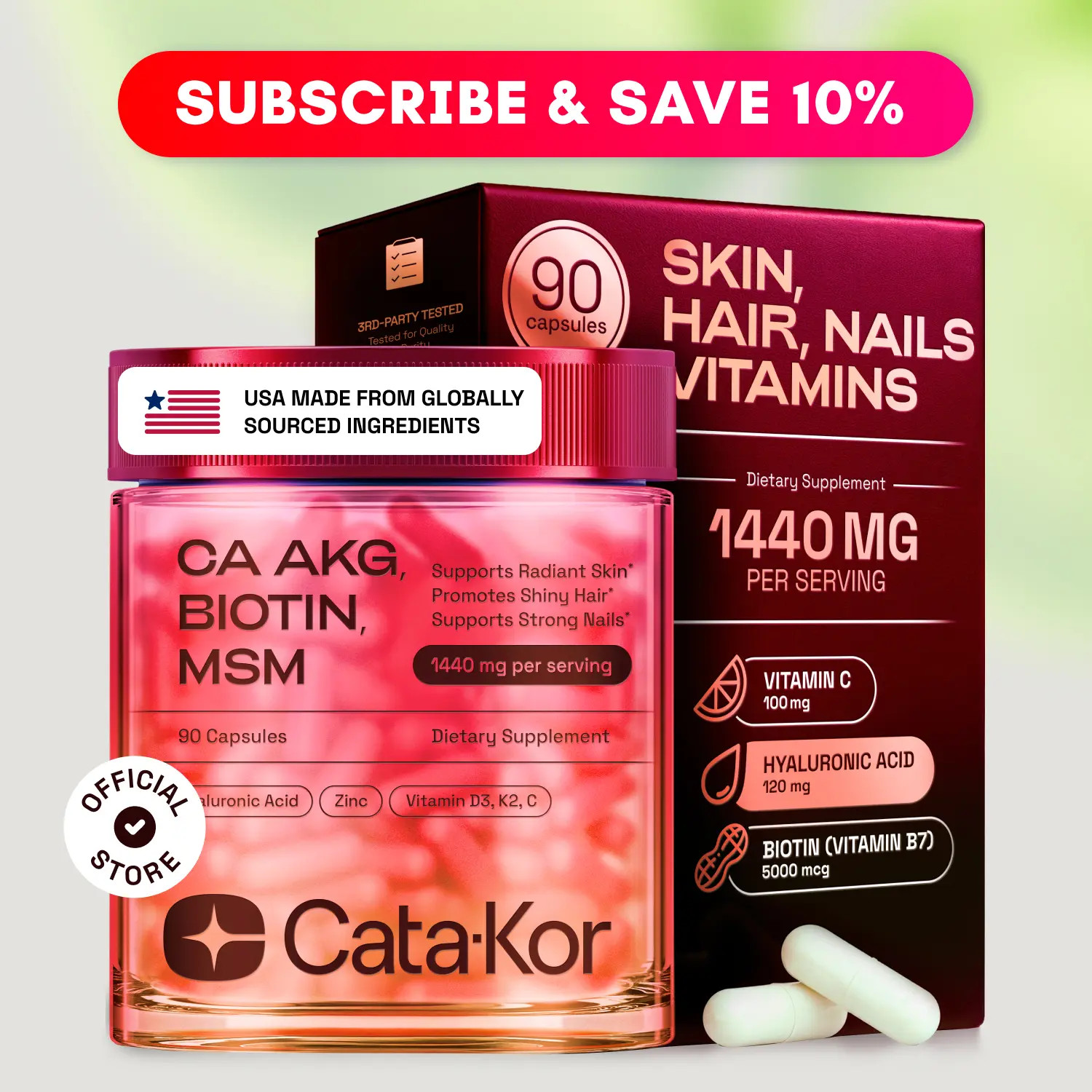 Great Cata-Kor Skin Hair Nails – Ca AKG MSM Hyaluronic Acid Biotin 90Ct