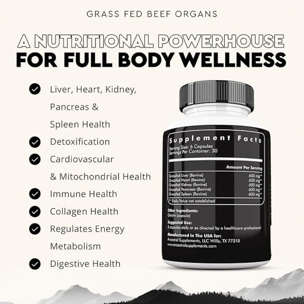 2PCS Non-GMO Ancestral Supplements Grass Fed Beef Organ Supplement-180 Capsules
