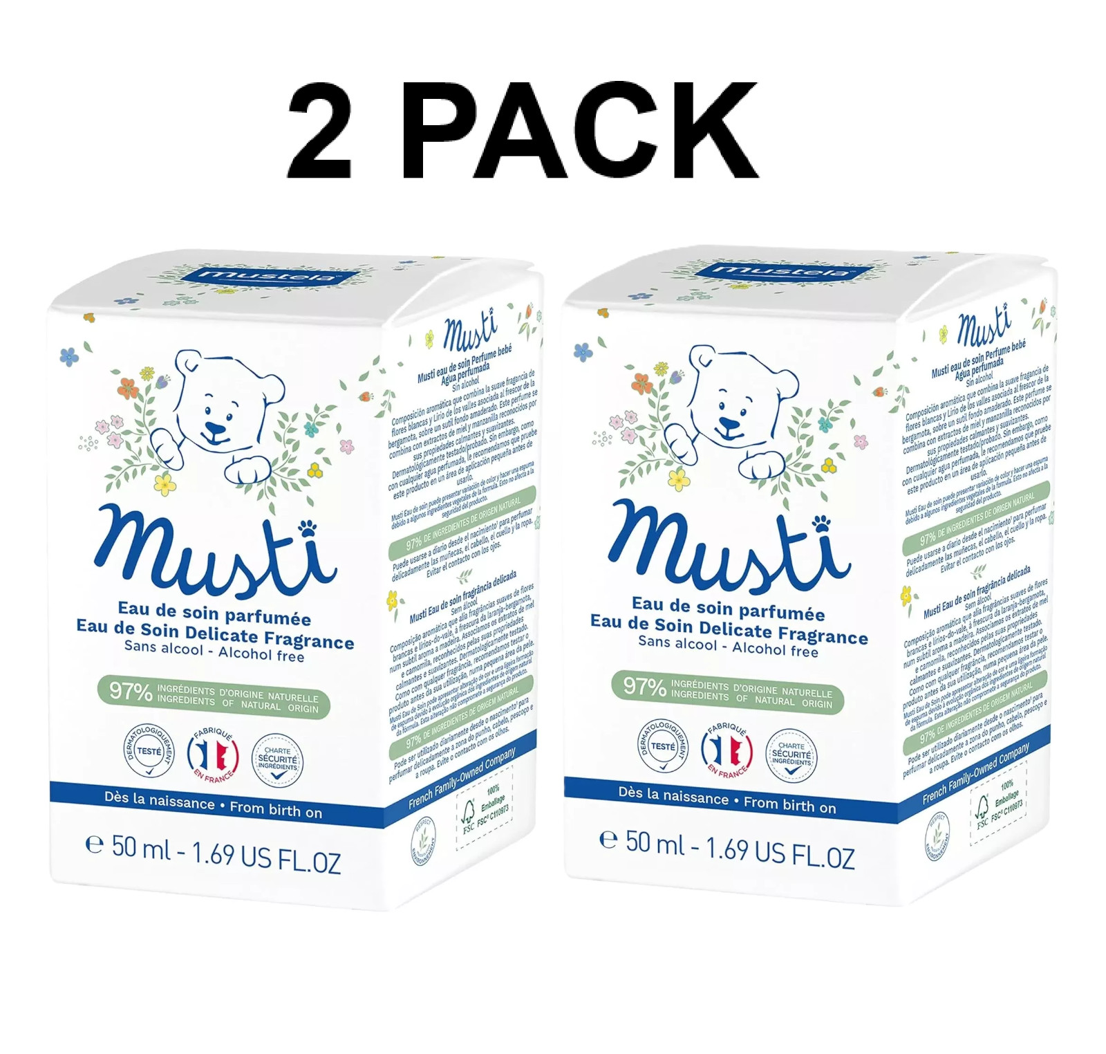 2 PACK Mustela Musti Eau de Soin Perfume 1.69oz / 50ml Exp 03/2027