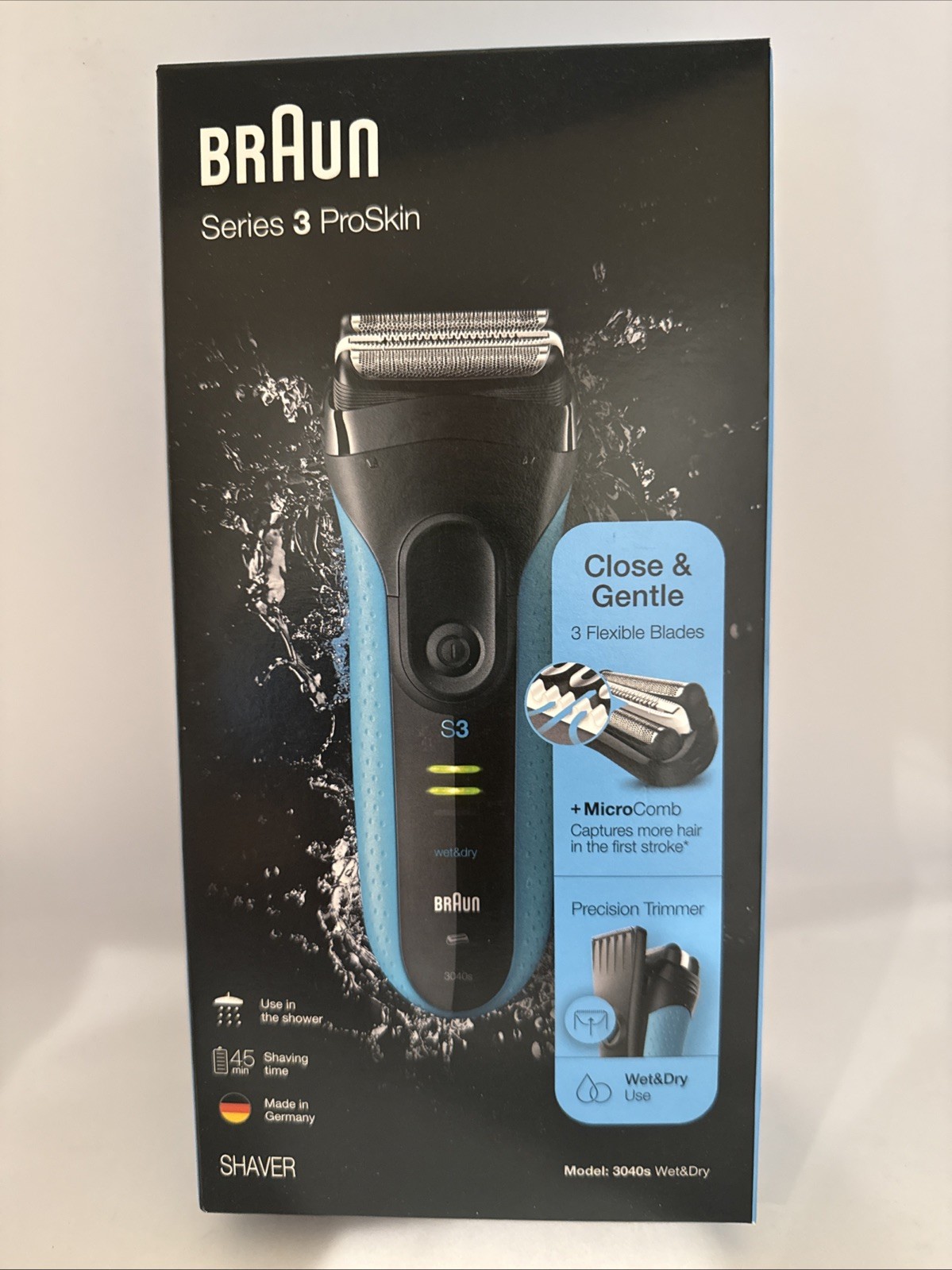 Braun Series 3 ProSkin 3040s Wet & Dry Shaver for Men, Blue/Black, 4 Piece, NEW