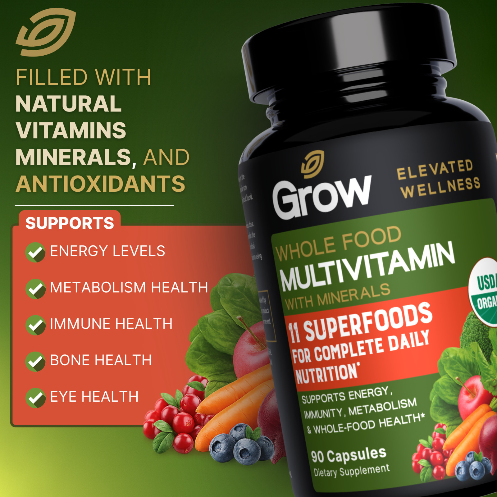 Grow Vitamin, RAW One, Once Daily Multivitamin For Men, 90 Vegetarian Capsules