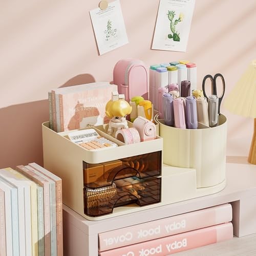 Makeup Organizer for Vanity with 2 Drawers,Countertop Rotating Makeup Cream