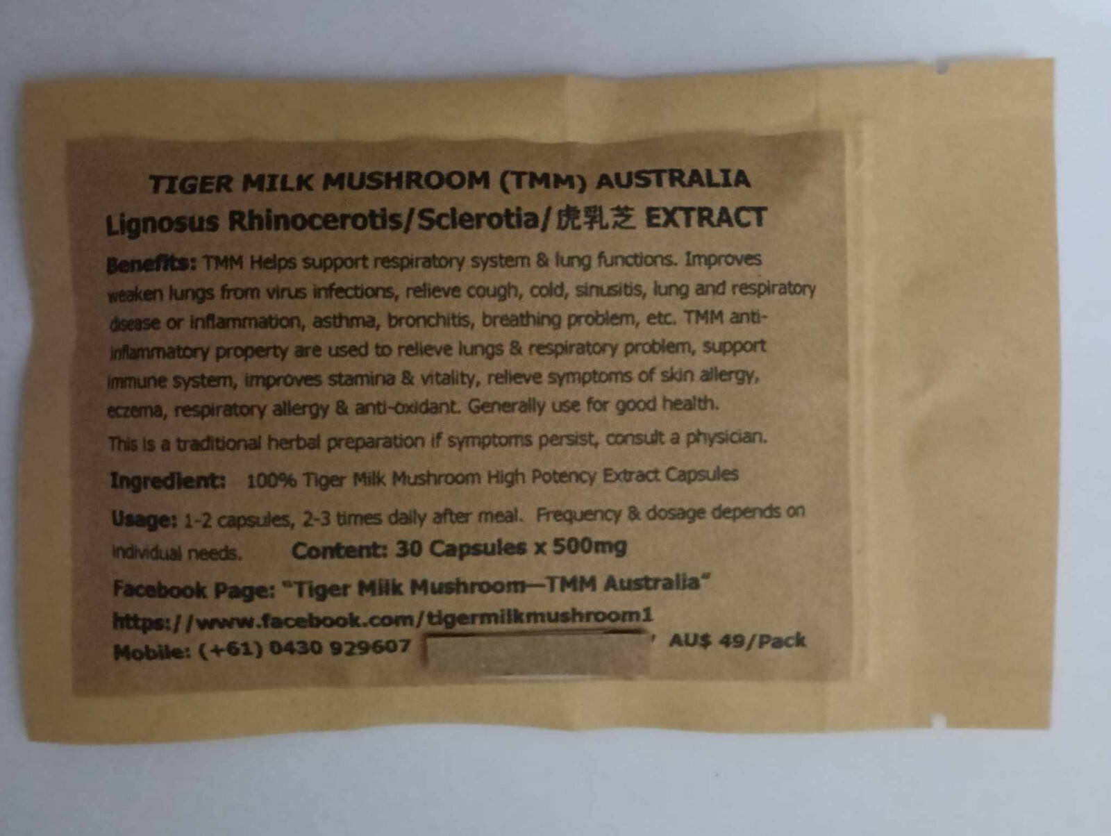 Tiger Milk Mushroom Support Respiratory System Pure Extract 60 Capsules x 500mg