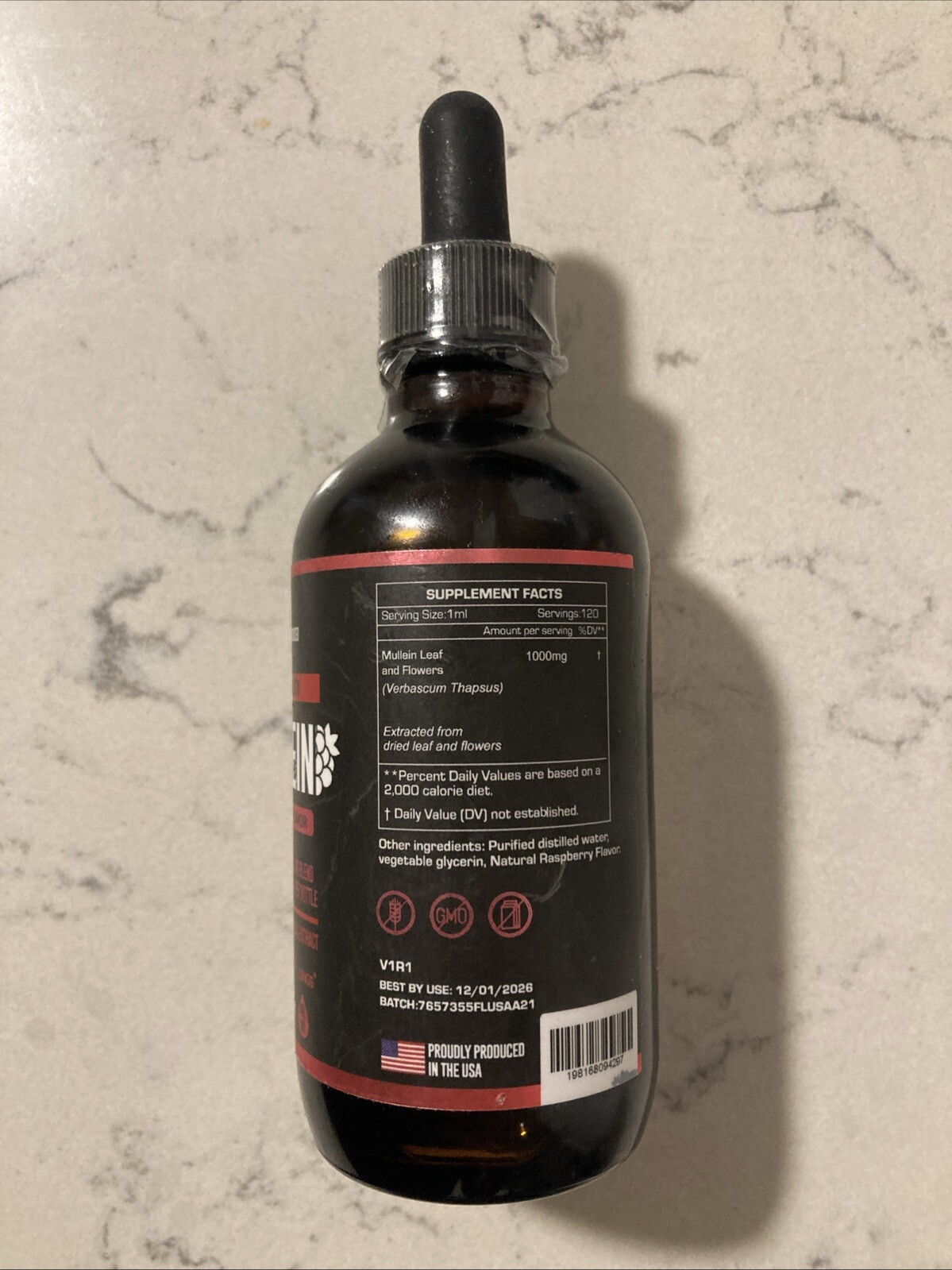 HERBIFY Mullein Drops Lung Cleanse Leaf Extract 4 Fl Oz Raspberry Flavored