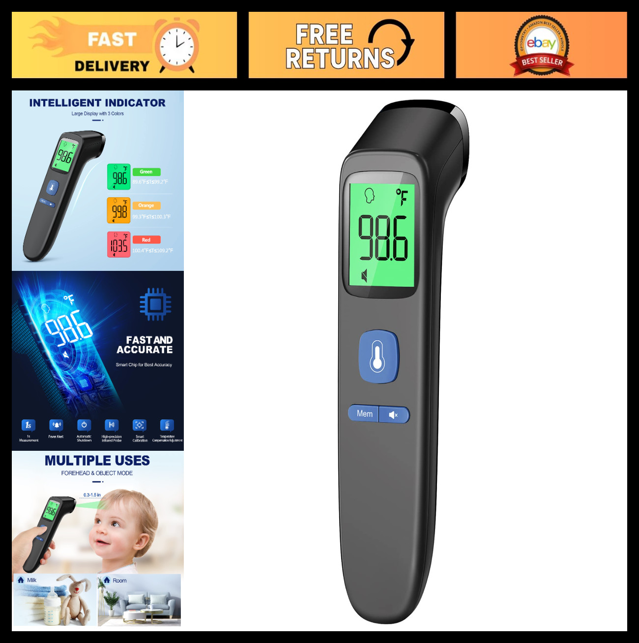 No-Touch Digital Thermometer for Adults & Kids, Fast 1-Second Read, Fever Alarm,