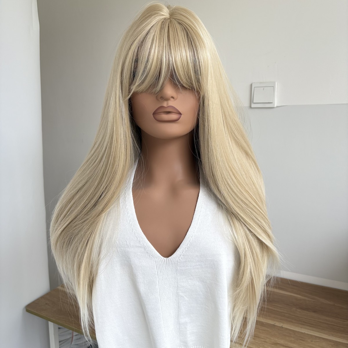 Long Straight Dress Up Wigs With Bangs Synthetic Hair Mixed blonde