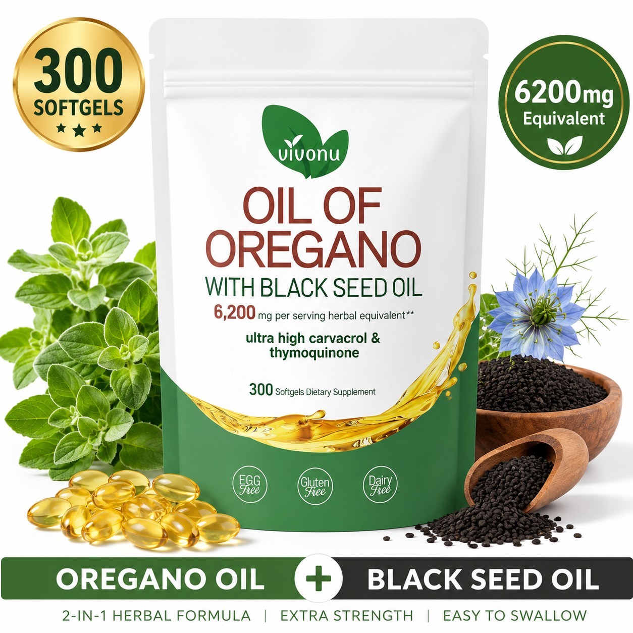 Oil of Oregano with Black Seed Oil Softgels 300 Count 6200mg Herbal Supplement