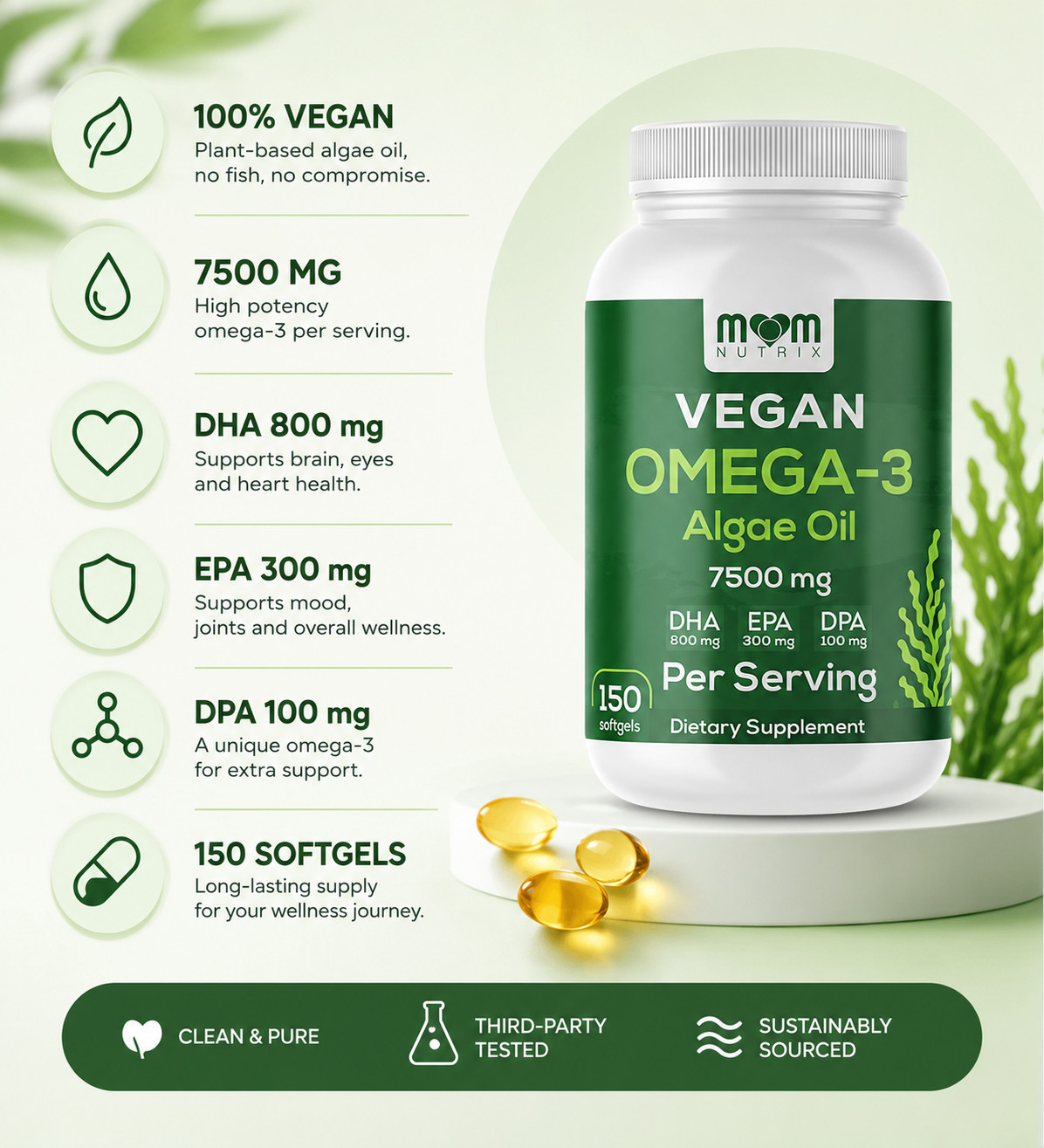 Vegan Omega 3 Algae Oil DHA EPA DPA Supplement Organic Non GMO 150 Softgels 150c