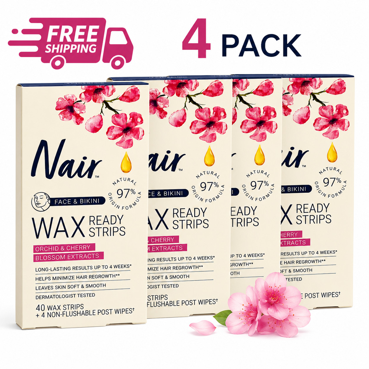 4 Pack Nair Wax Ready Strips Legs & Body Hair Removal 40 Strips Each