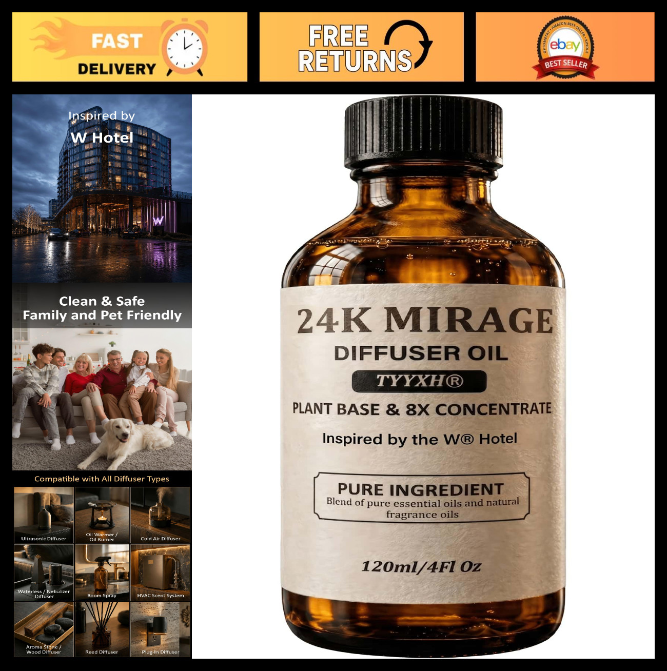 24K Aroma Diffuser Oil – Citrus, Lemongrass & Jasmine Blend – Long-Lasting Essen