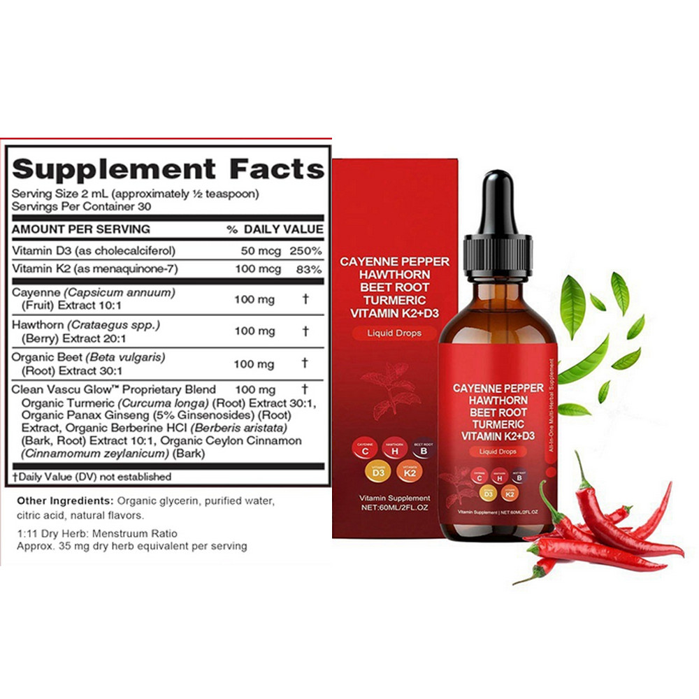 60ML Cayenne Pepper Hawthorn Beet Root Turmeric Vitamin K2+D3 Liquid Drops