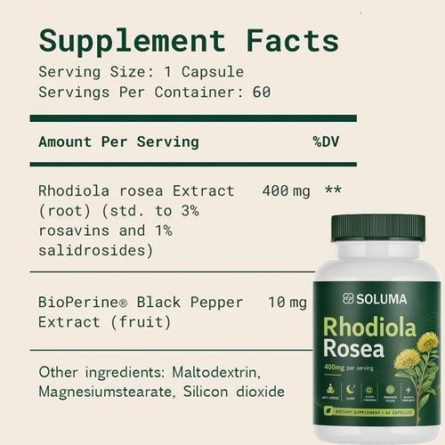 Soluma Rhodiola Rosea, 400mg Per Serving With Bioperine, 60 Capsules (1-3Set)