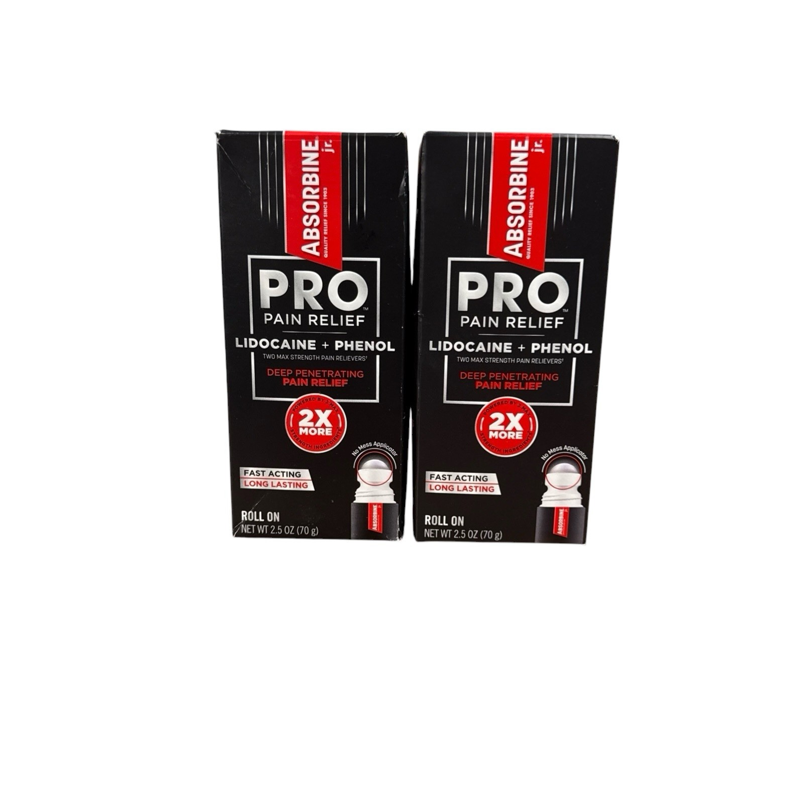 (2)ABSORBINE JR. PRO No-Mess Lidocaine Roll On, Maximum Strength Fast Actin