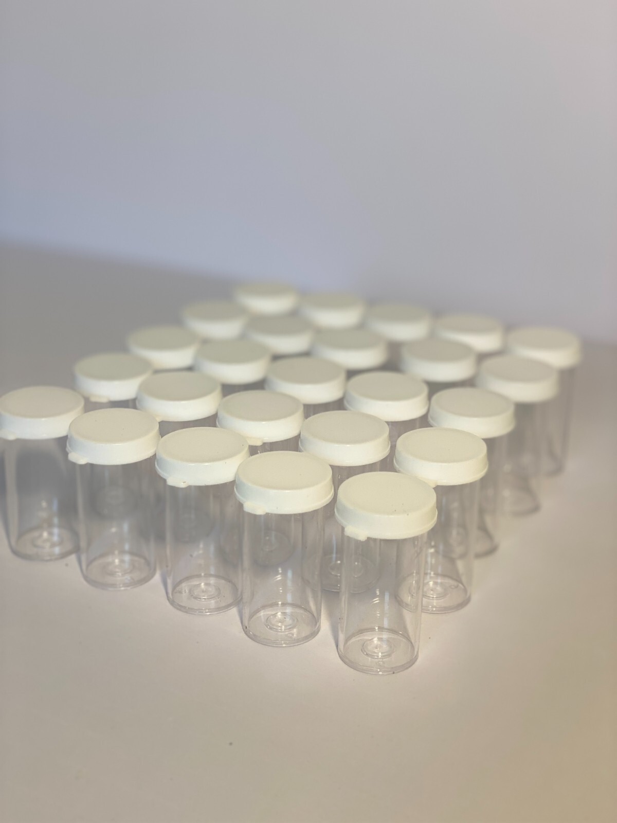 Storage Vials Plastic 25ml with white snap on cap 25 per pack