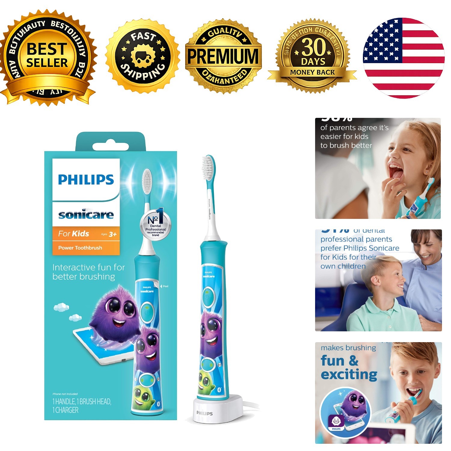 Kids Bluetooth Rechargeable Electric Power Toothbrush 3 Plus Turquoise