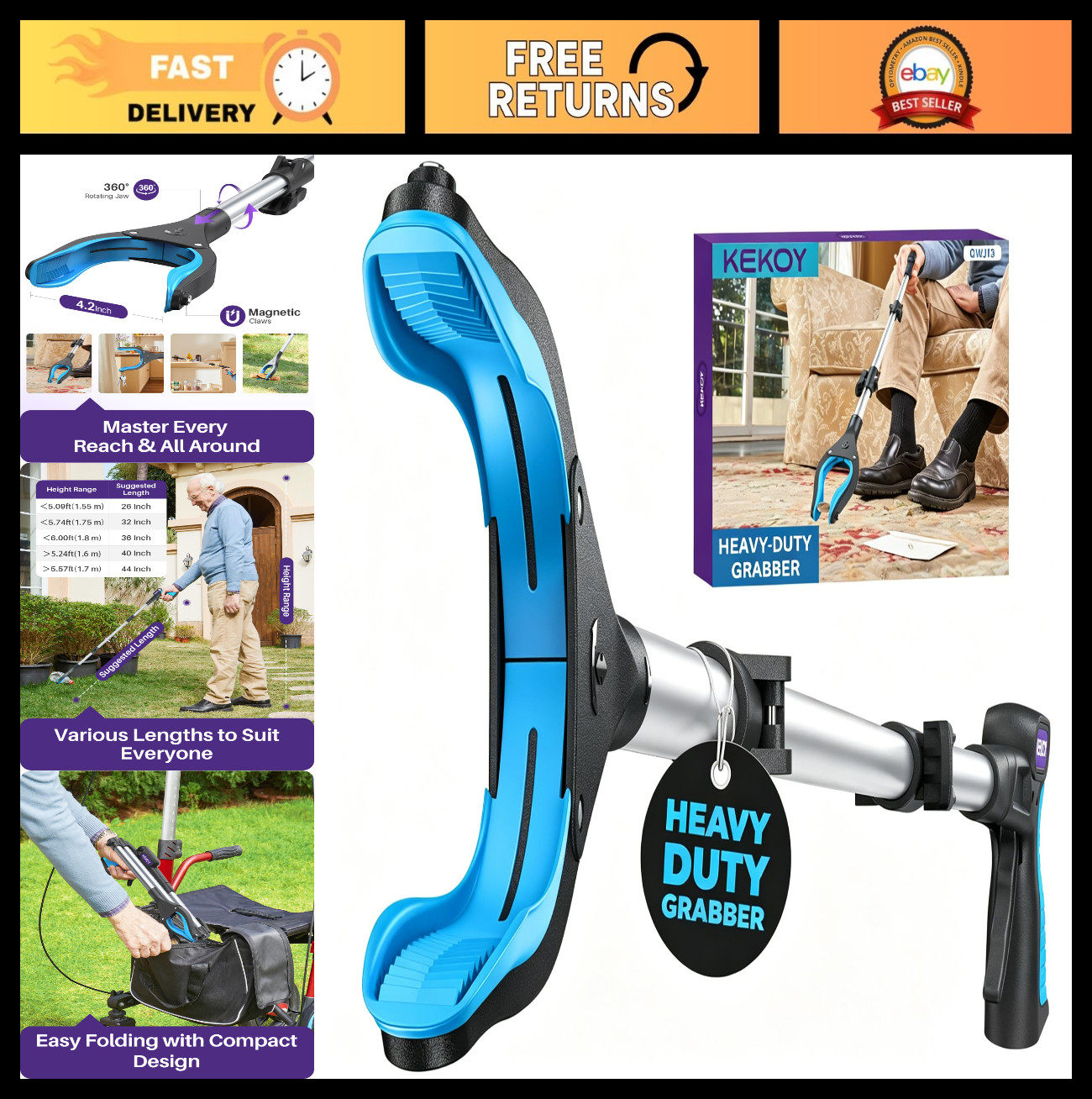 Heavy Duty 40″ Grabber Reacher Tool for Seniors | Foldable Pickup Tool, 8.5LB Ca