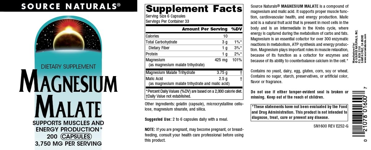 Source Naturals Magnesium Malate, Supports Muscles and 200 Count (Pack of 1)
