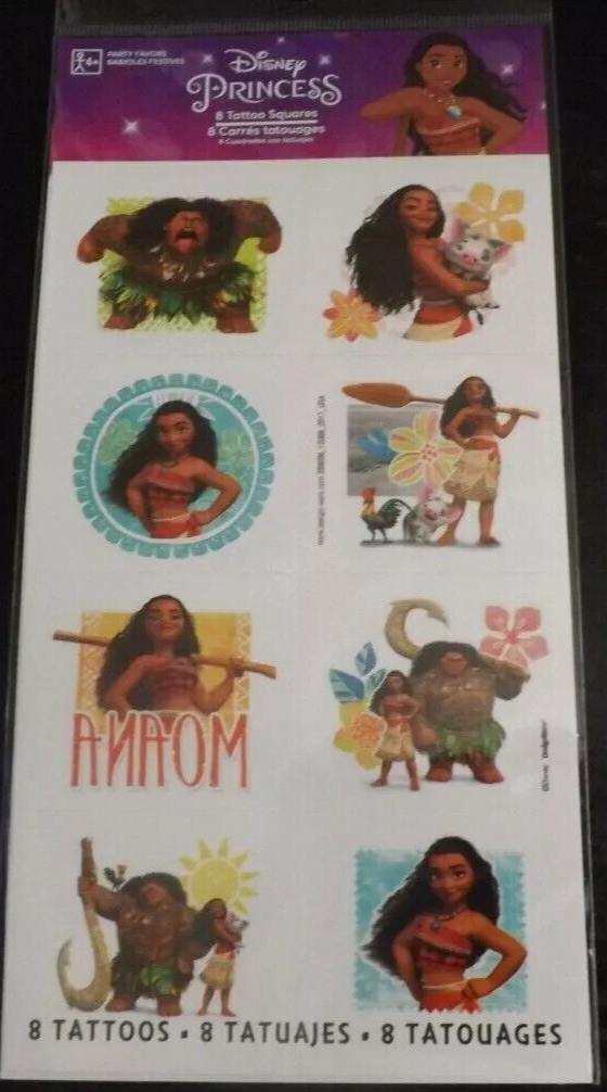 NEW 8 pc DISNEY PRINCESS MOANA temporary tattoos kids party favors