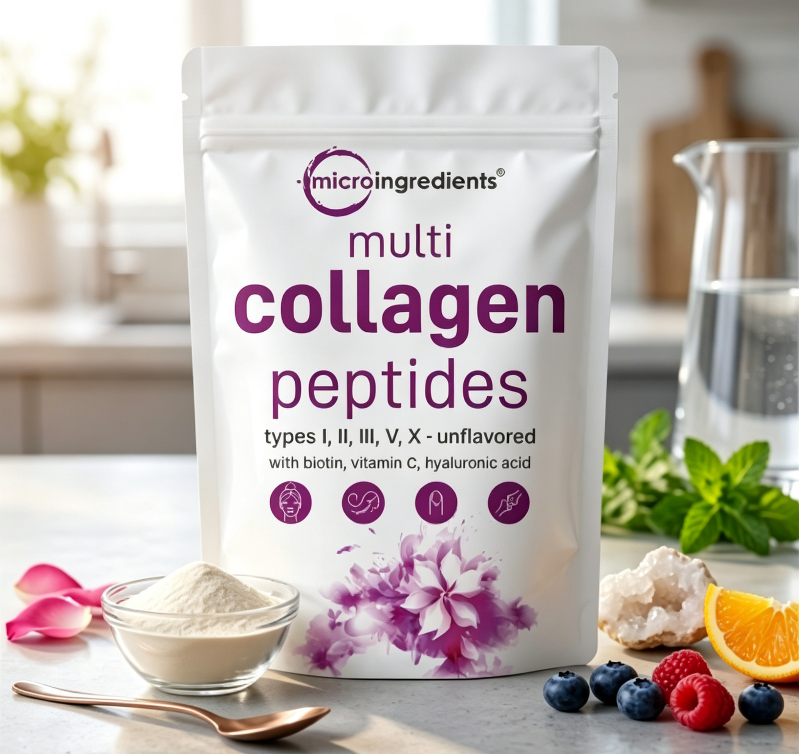Micro Ingredients Multi Collagen Peptides Powder 16oz – Type I II III V X Unflav