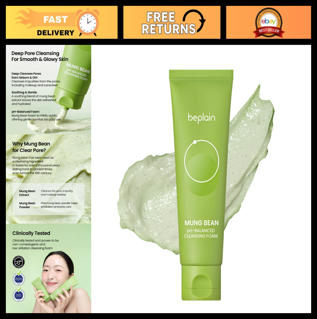 pH-Balanced Mung Bean Cleansing Foam for Sensitive Skin – 2.7 fl oz, Gentle Clea
