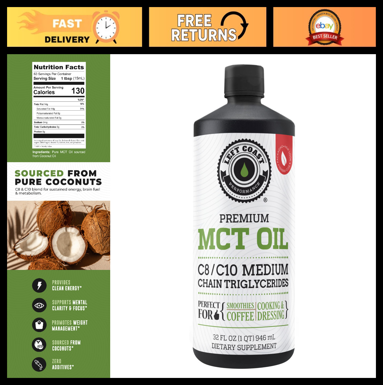 100% Pure Coconut MCT Oil 32 Fl Oz | C8 C10 for Energy & Focus – Keto, Smoothies