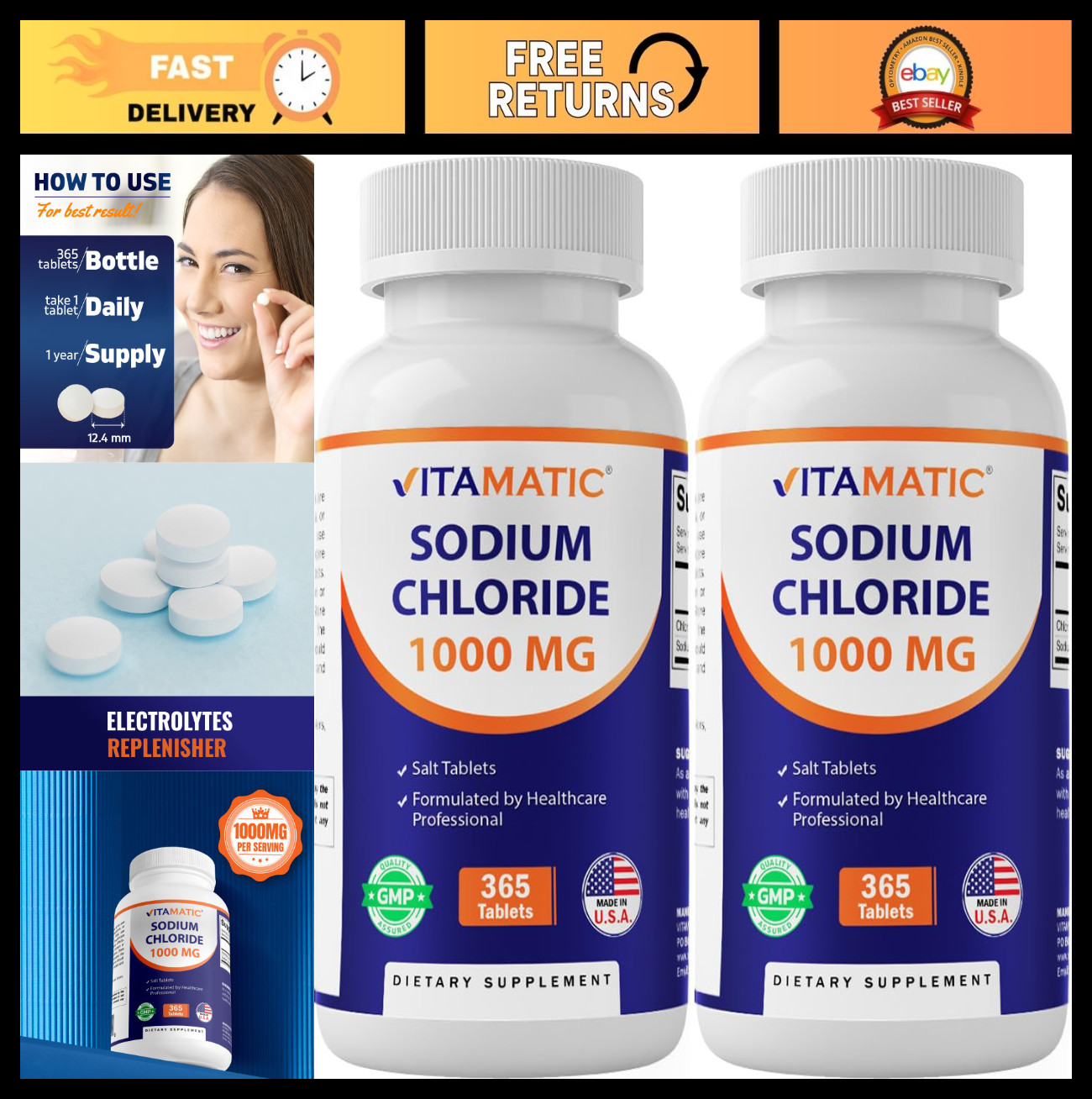 Electrolyte Replenisher Sodium Chloride 1000mg – 365 Tablets, 2 Bottles, Non-GMO