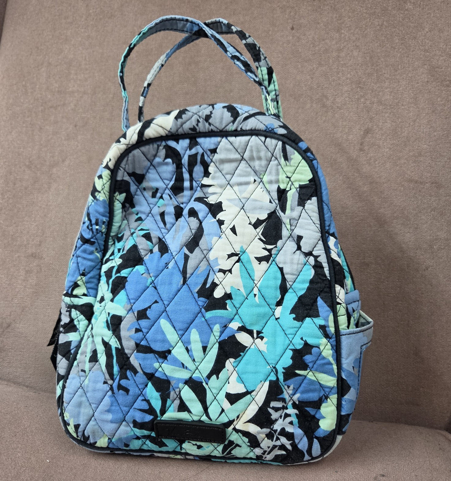 Quilted Fabric Makeup Bag w/ Handle Zip Closure Blue Green Black Floral