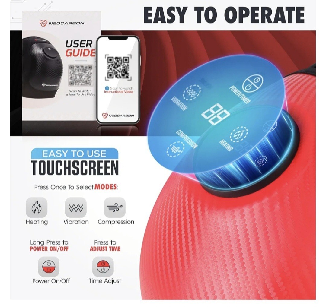 Neocarbon Wireless Knee Massager, Heated Therapy and Vibration Massage, Red NEW