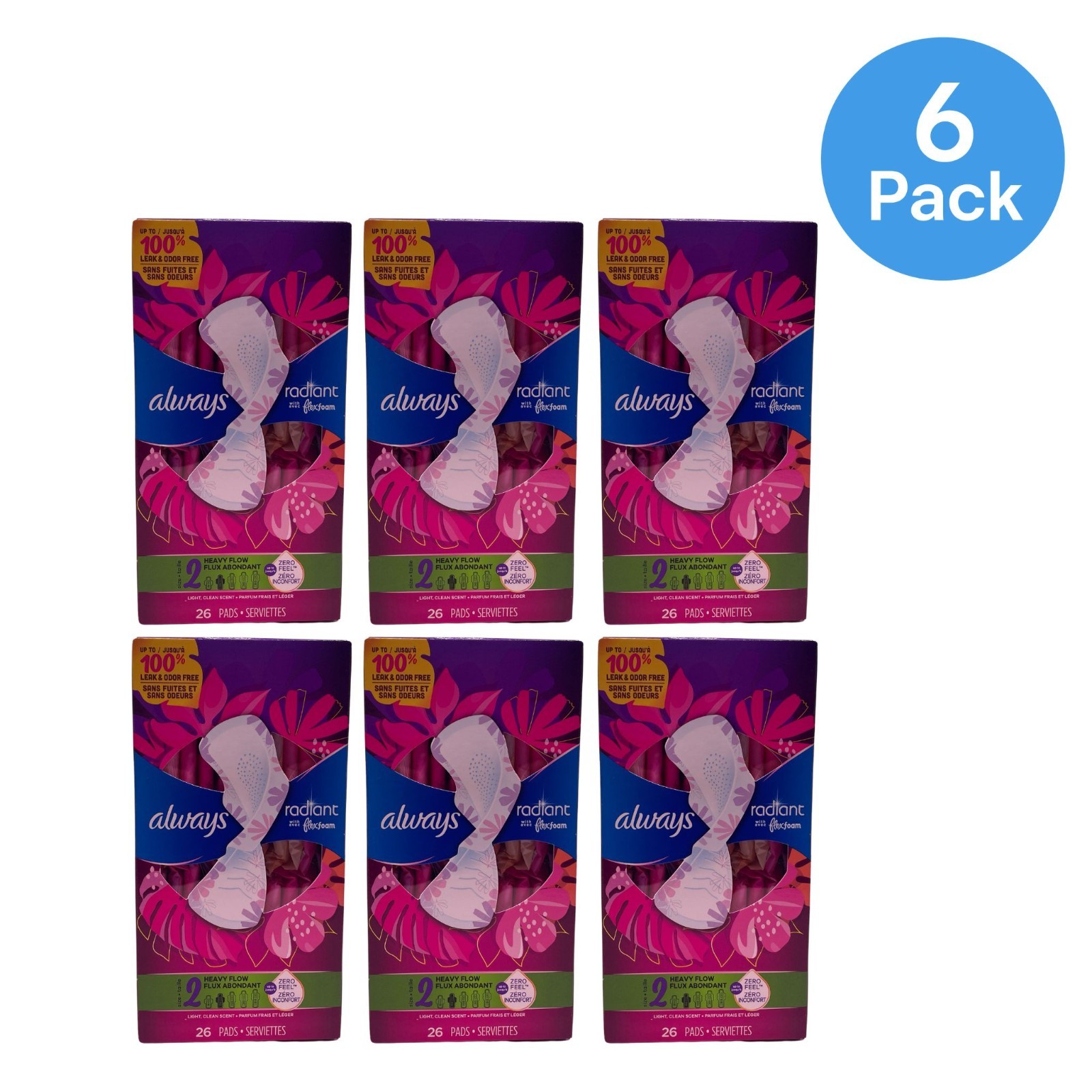 Always Radiant Pads Heavy Flow Size 2 26ct 6 Pack New