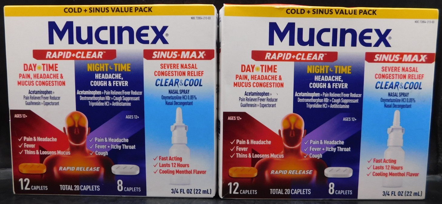 2 Pk Mucinex Cold+Sinus Value Pack 3 Medicines Ea Exp: 12/26 New & Sealed