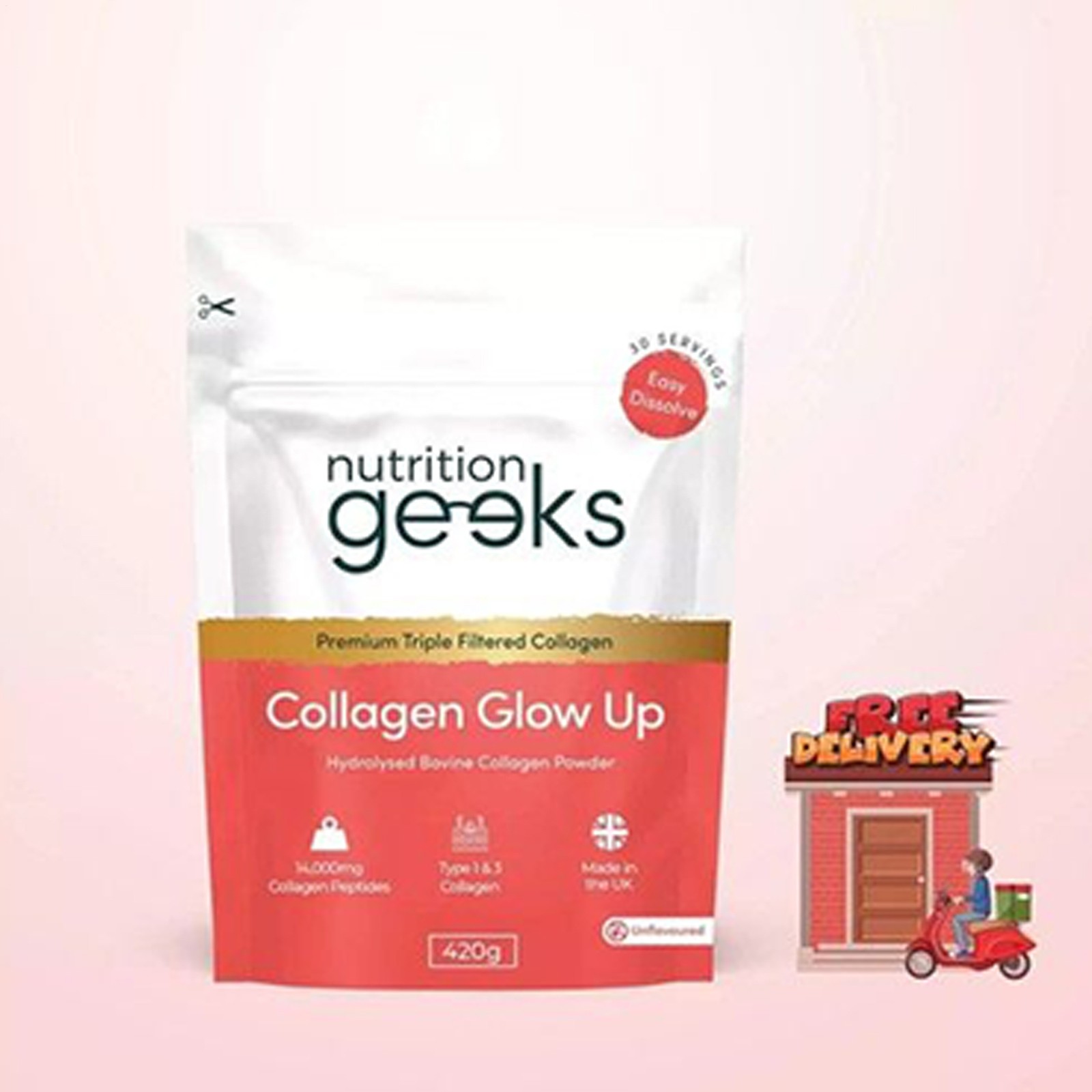 Nutrition Geeks Collagen Glow Up Pure Powder New & Improved 14000mg 420g 30 Serv