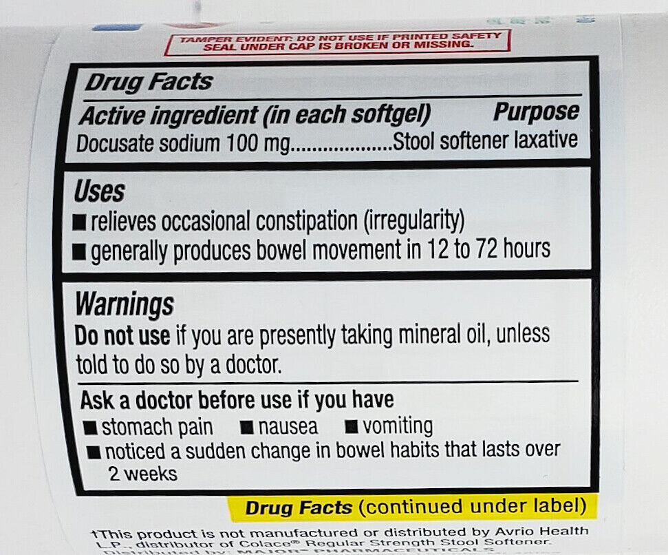 Major DOK Docusate Sodium Stool Softener 100mg Softgels 100ct -2 Pack -Exp 06-26