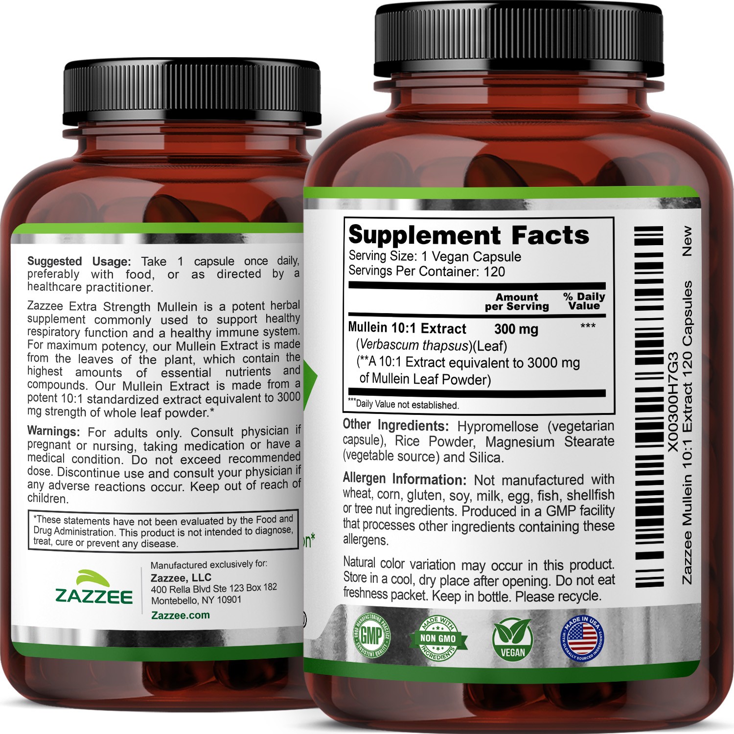 Zazzee Extra Strength Mullein 10:1 Extract, 3000 mg Strength, 120 Vegan Capsules