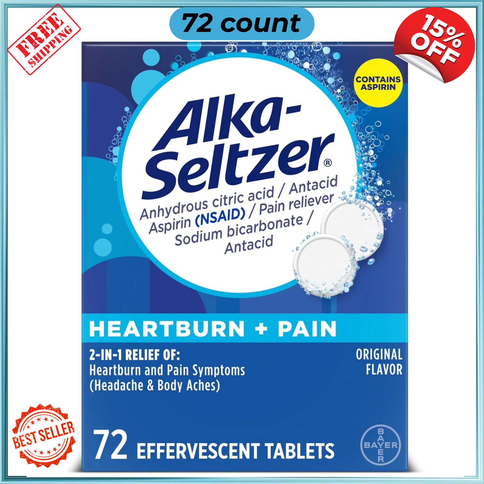 Alka-Seltzer Effervescent Tablets Original Flavor, Fast Multi-Symptom Relief