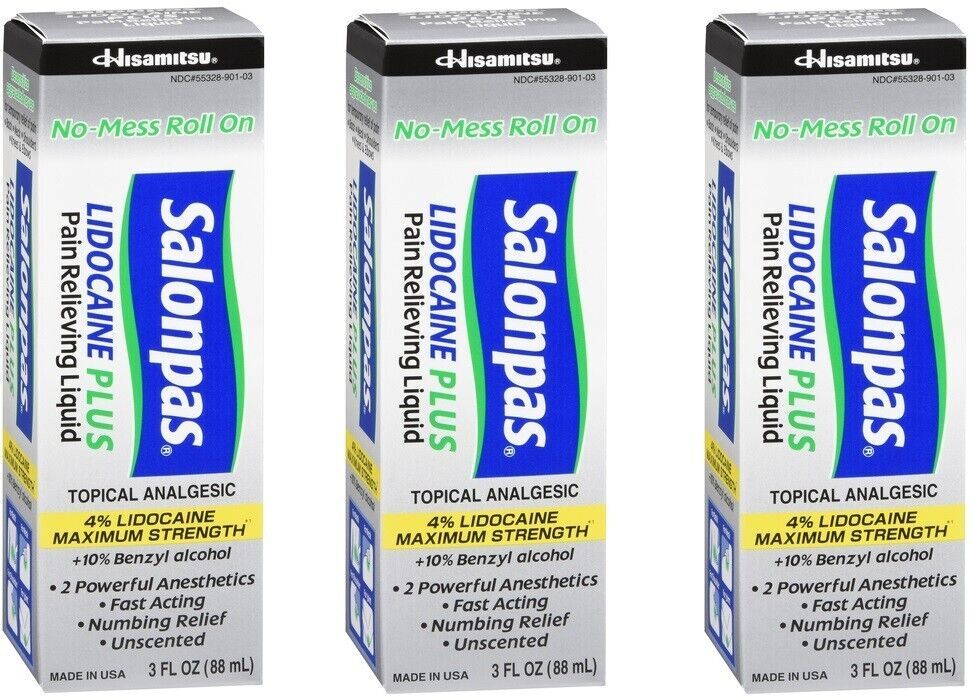 Salonpas Lidocaine Plus Pain Relieving Liquid Roll-On 3oz (3 Pack)