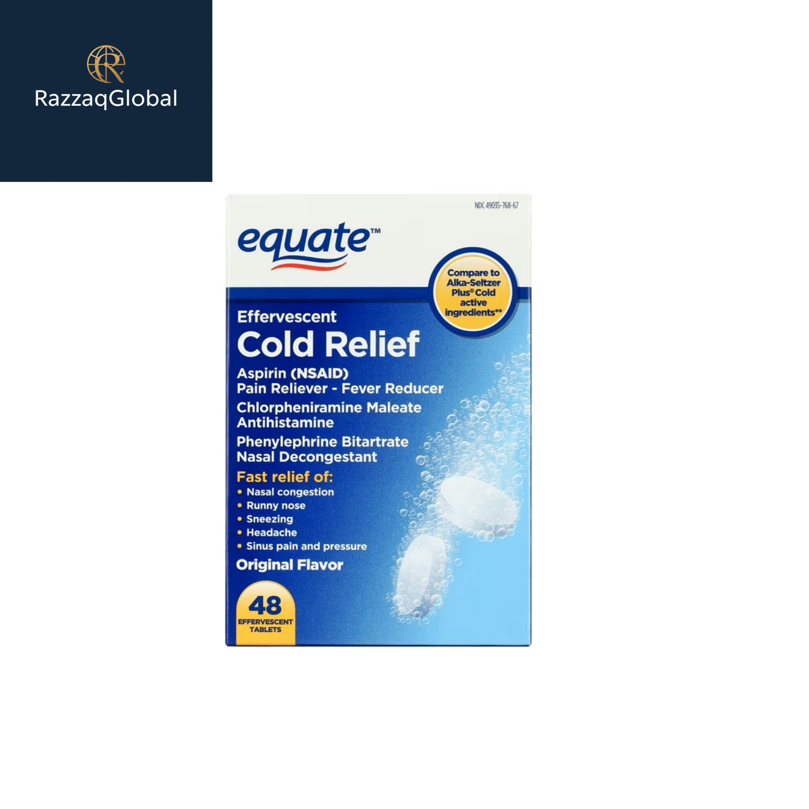 Equate Effervescent Cold Relief Tablets 48 Count vs Alka-Seltzer Plus Cold