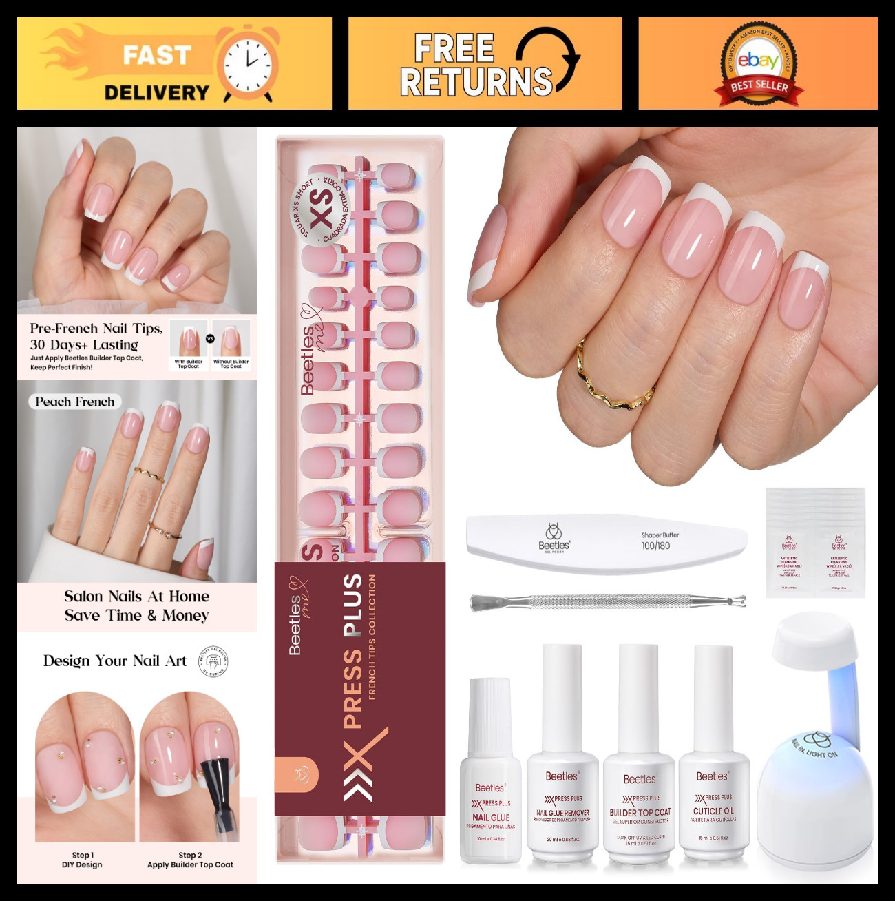 Extra Short Square French Tip Press-On Nail Kit – 210 Pcs, 15 Sizes, Glue & Lamp