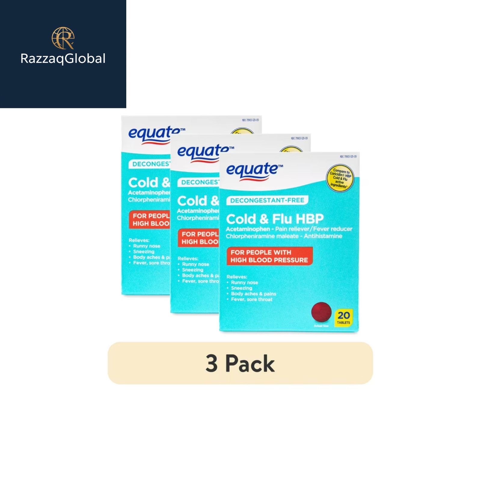 Equate Decongestant-Free Cold & Flu HBP Tablets 20 Count 3 Pack vs Coricidin HBP