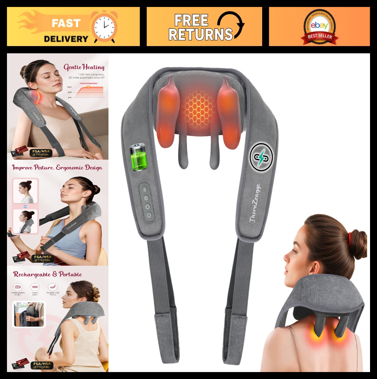 Cordless Neck Massager with Heat – Deep Tissue Shiatsu Pain Relief, HSA/FSA Elig