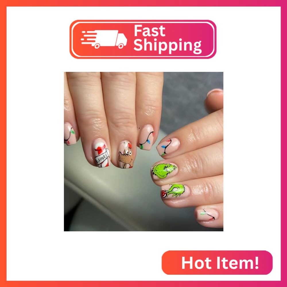 Christmas Press On Nails – Short Square Glossy Acrylic Nails with Fun Green Mons