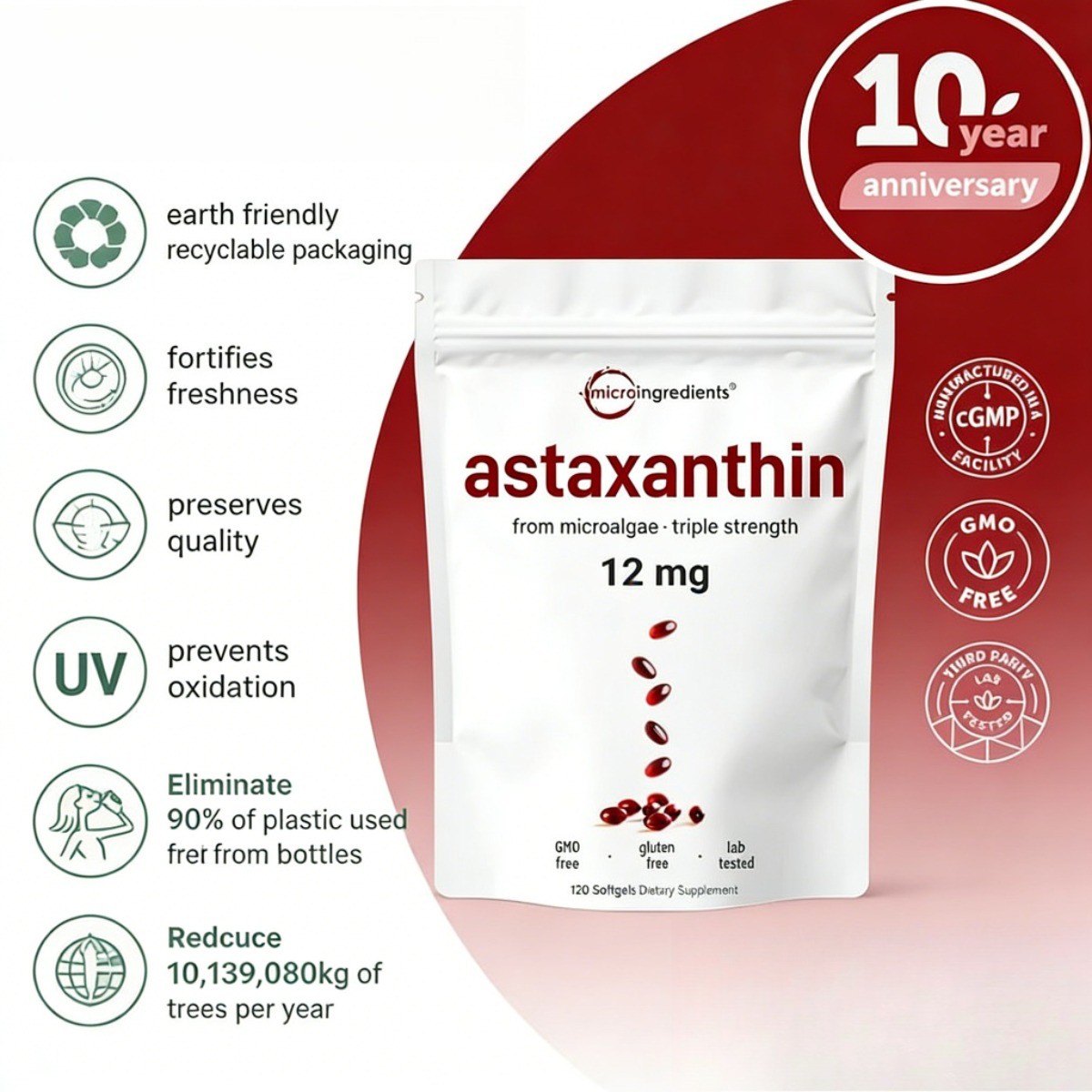 Micro Ingredients Astaxanthin 12mg,Natural Tanning Support, Easy to Swallow