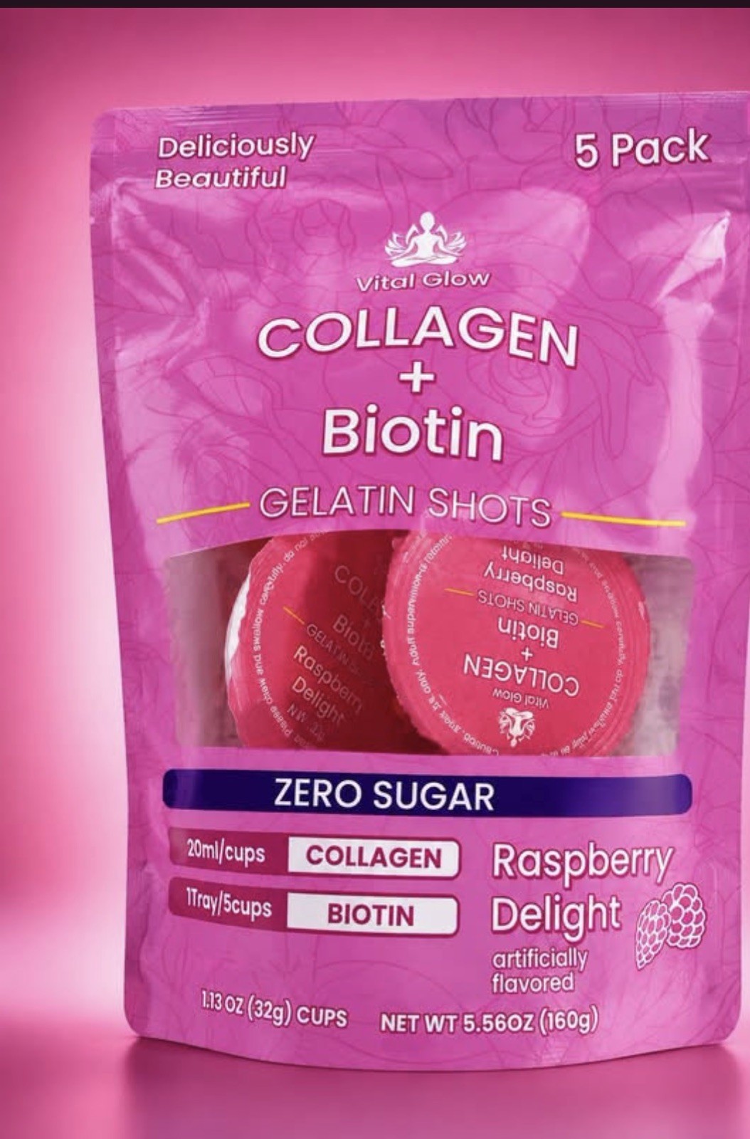 Lot Of 6 Vital Glow Collagen + Biotin Gelatin Shots 5 Pack Raspberry Zero Sugar