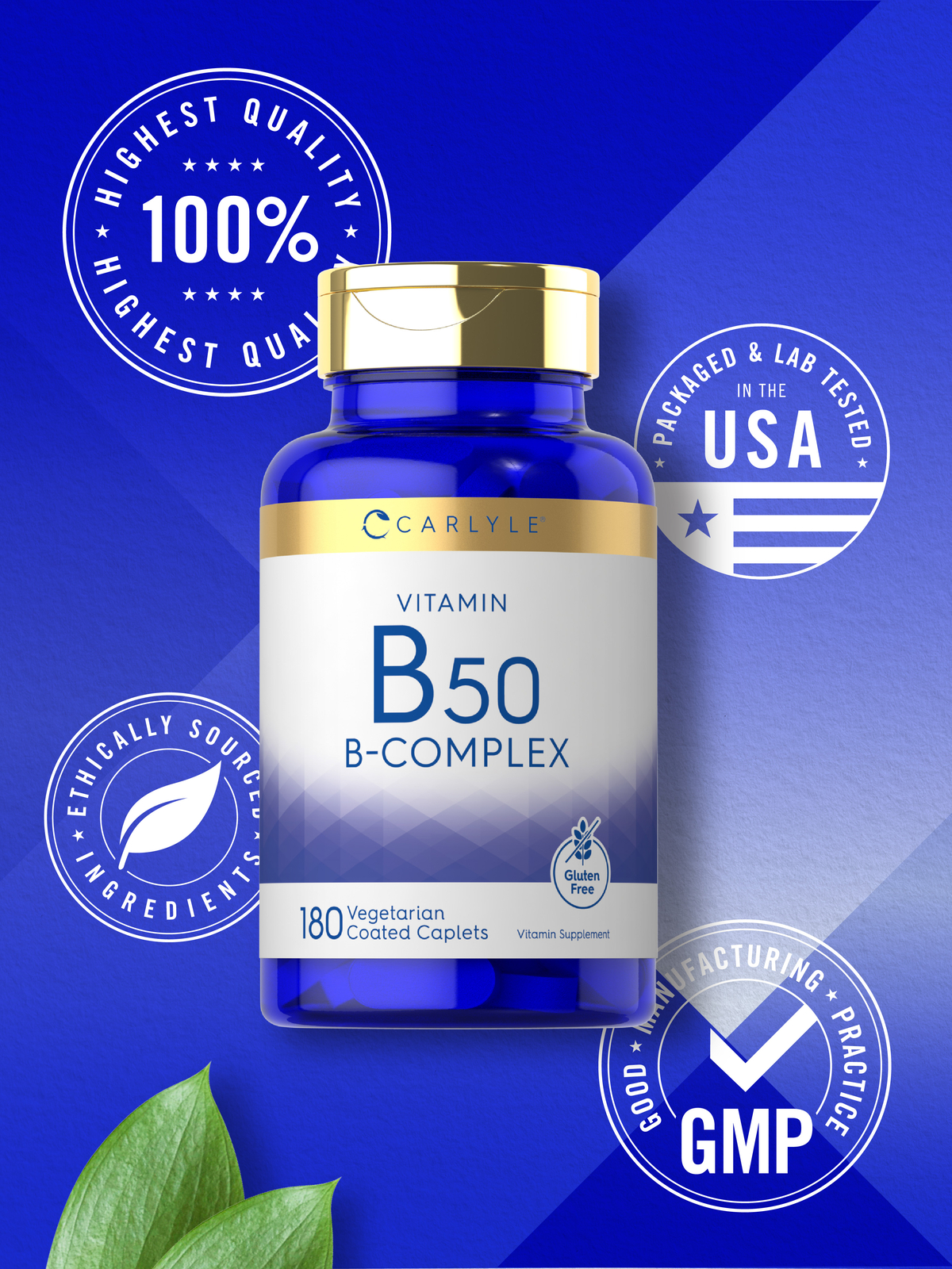 Vitamin B-50 Complex | 180 Caplets | Vegetarian, Non-GMO | by Carlyle