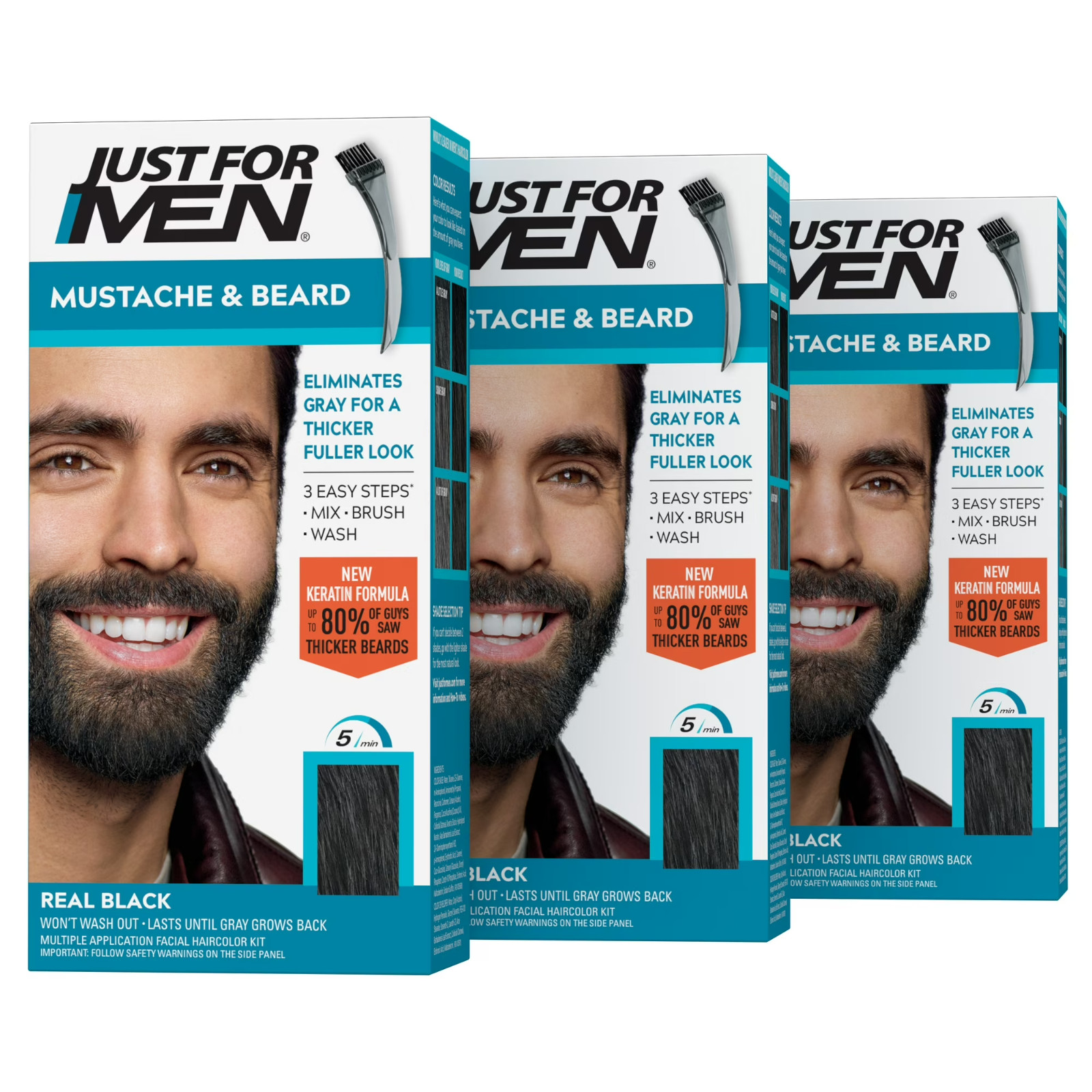 Just For Men Mustache and Beard Coloring for Gray Hair, M-55 Real Black, 3 Pack
