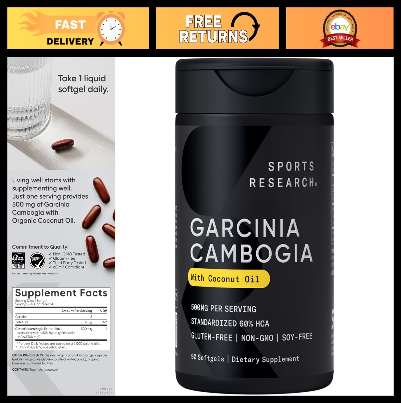 Garcinia Cambogia 60% HCA Softgels with Organic Coconut Oil – Non-GMO, Gluten Fr