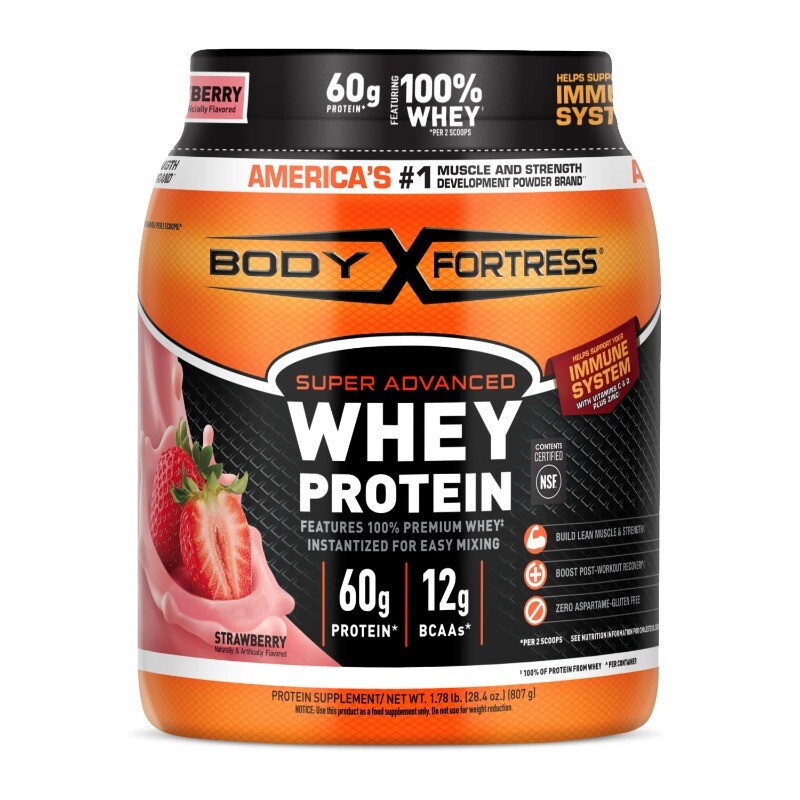 Body Fortress Super Advanced 100% Premium Whey Protein Powder,Strawberry,1.78lbs